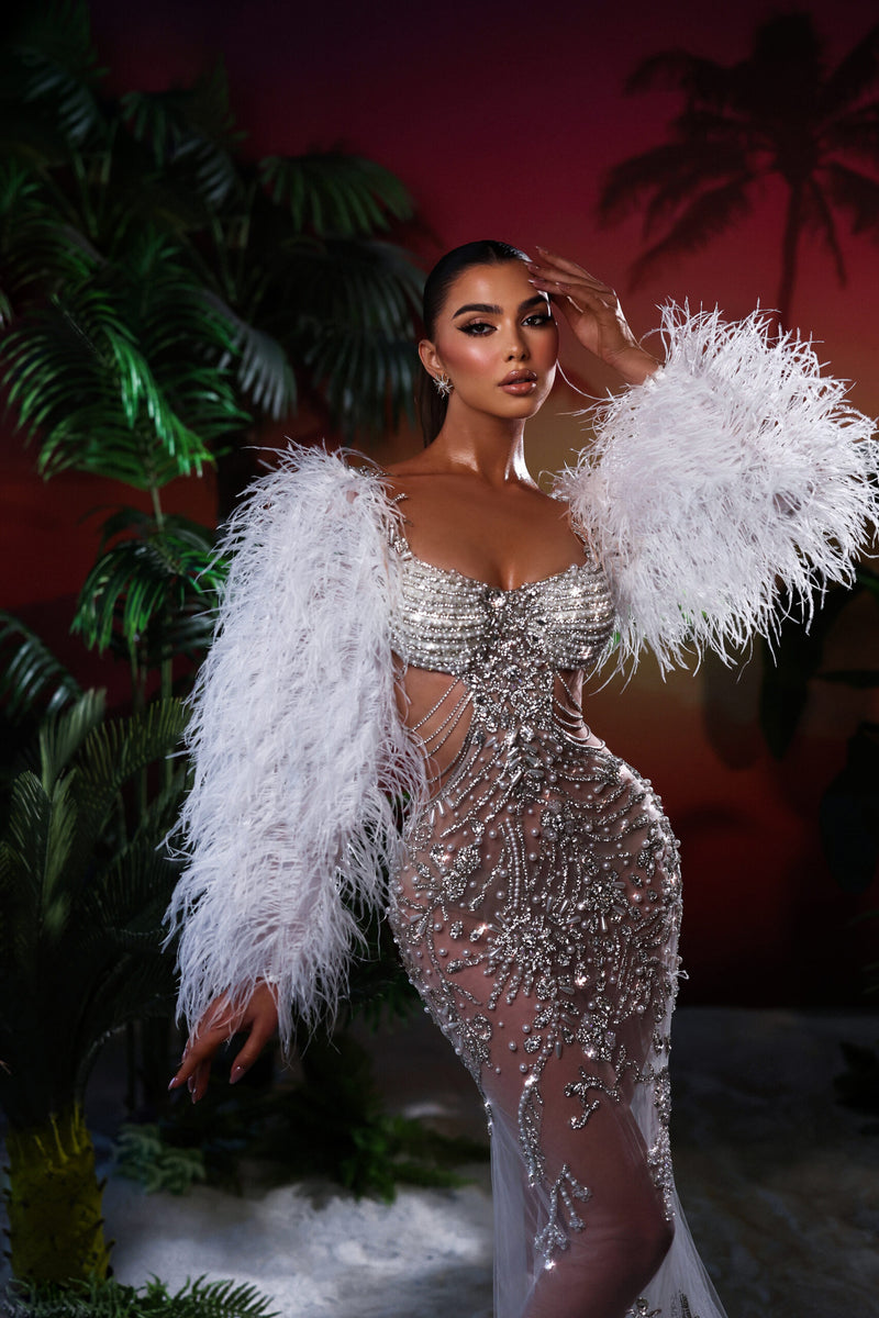 jimmie metal feather dress in silver Feather Silver Dress – Goddess Exclusive