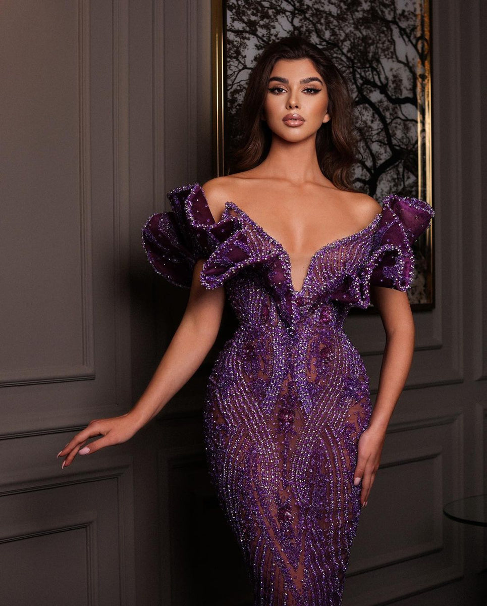 Off shoulder purple sequin dress – Goddess Exclusive