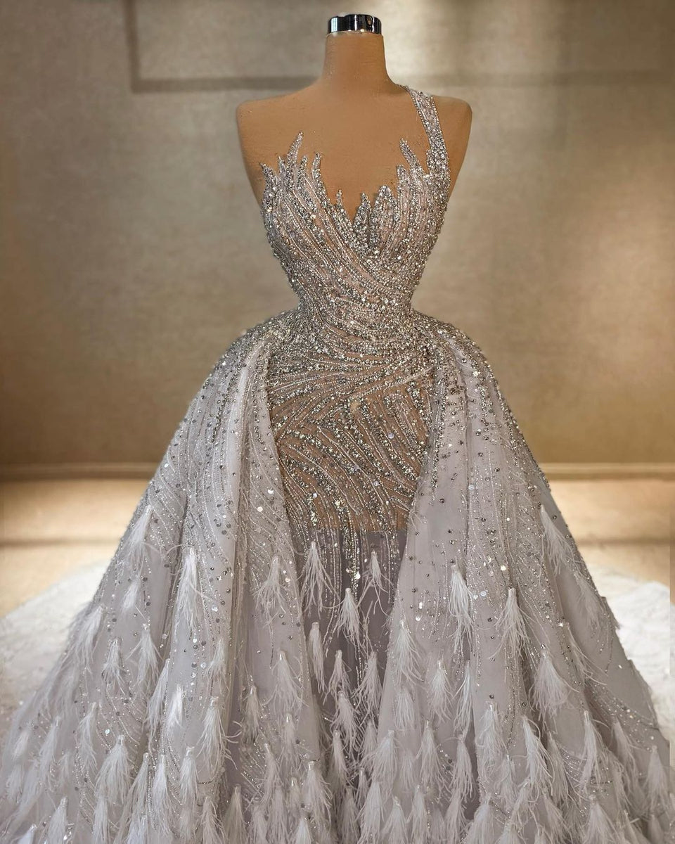 Feather Trim Metallic Gown main image 1