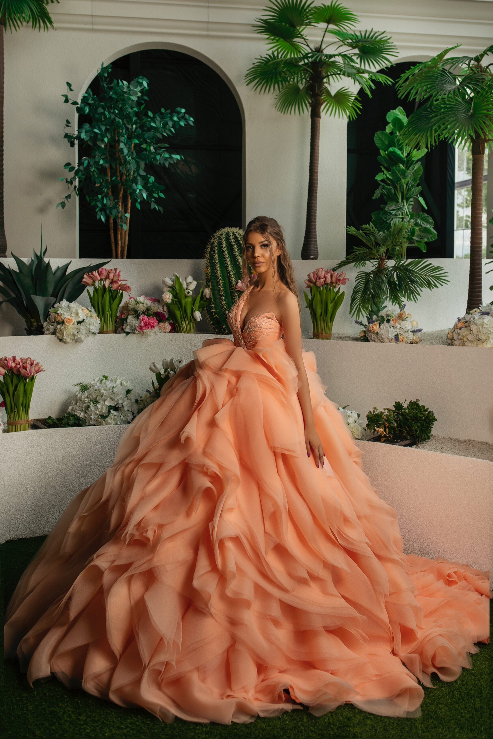 Elegant A Line Satin Peach Color Long Prom Dress Off The Shoulder Slit –  Siaoryne