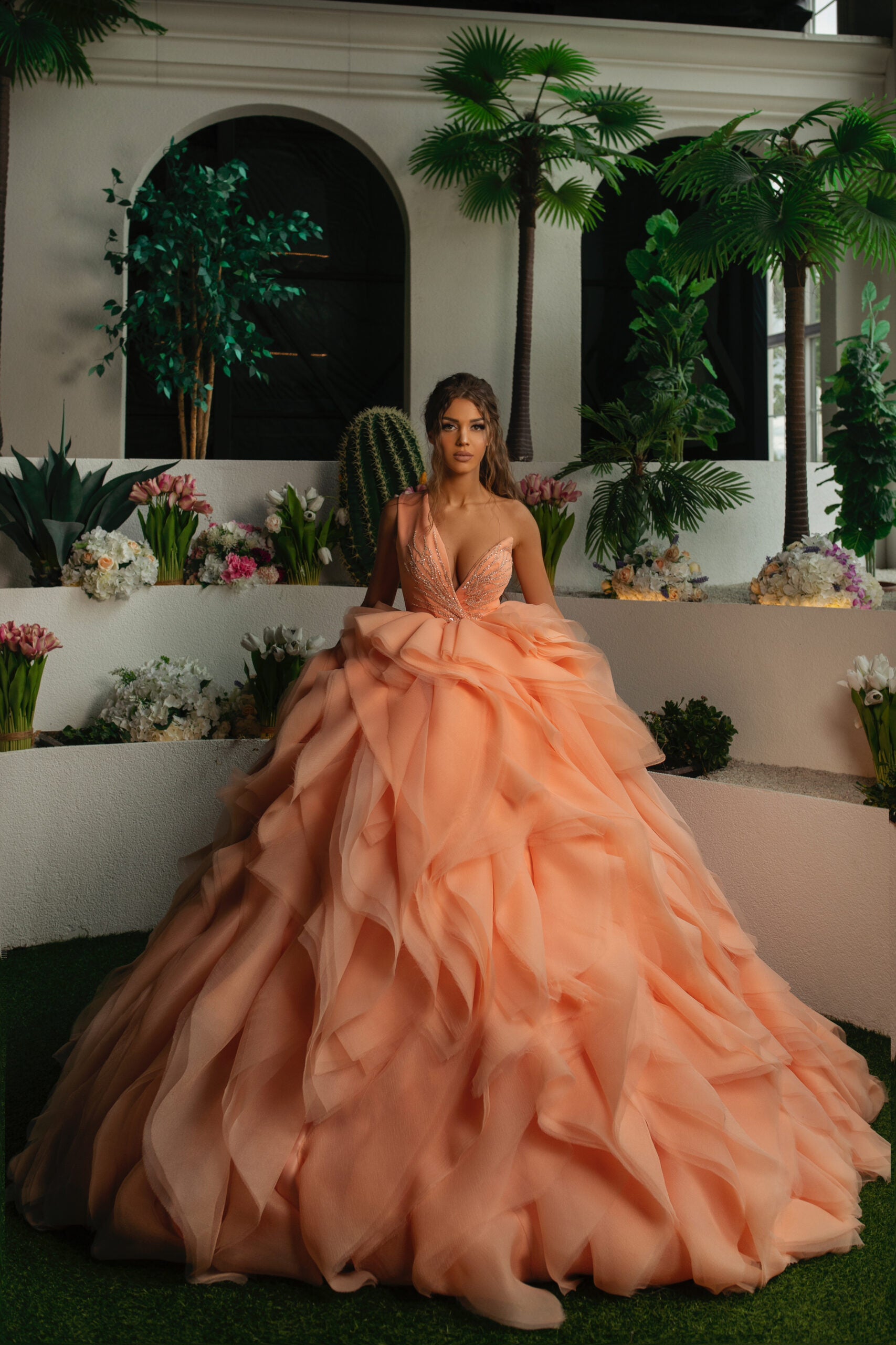 Peach Beaded Lace Gown – Dona Matoshi