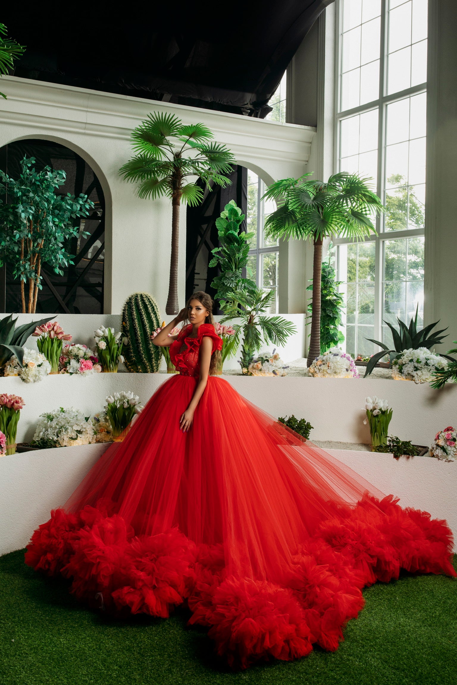 Chic / Beautiful Red Evening Dresses 2020 A-Line / Princess  Off-The-Shoulder Short Sleeve Backless Beading Sash Glitter Tulle  Floor-Length / Long Ruffle Formal Dresses
