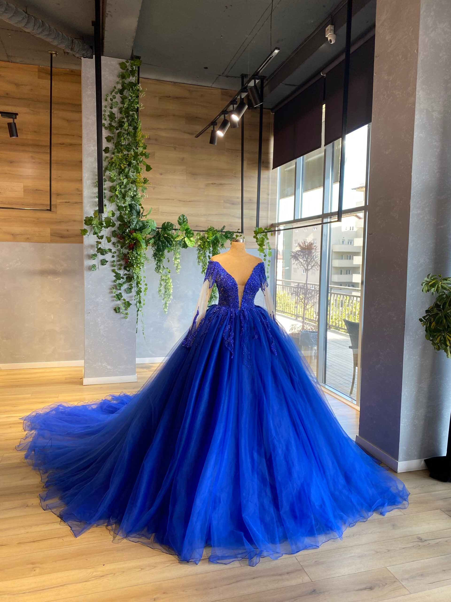Stylish Royal Blue Sequin Prom Dress with One-Sleeves – loveangeldress